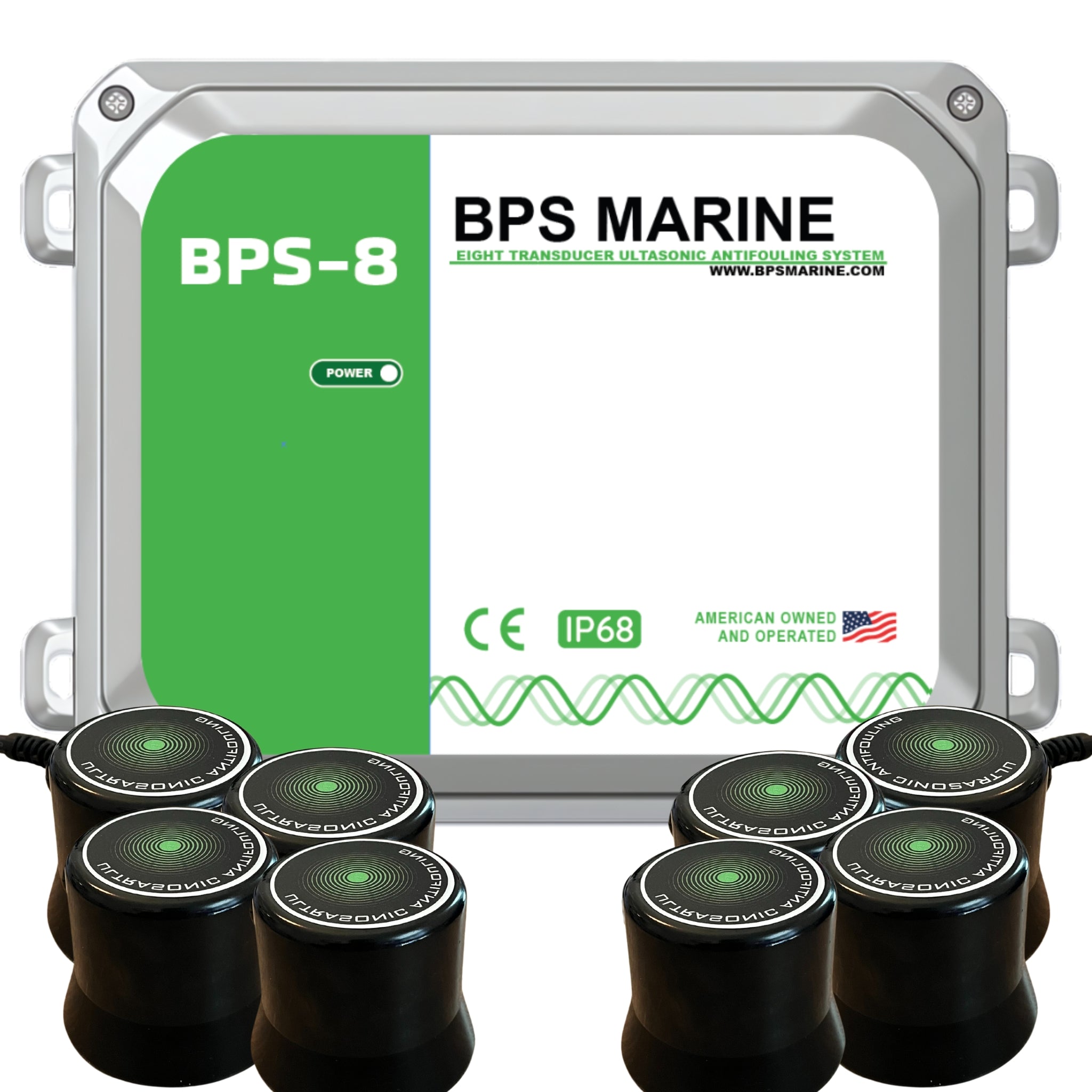 BPS Marine BPS-8 ultrasonic antifouling system with eight transducers on a white background